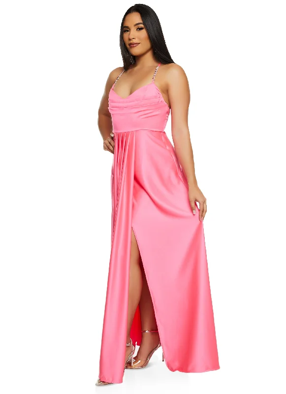 Haute Monde Rhinestone Strap Satin Maxi Dress