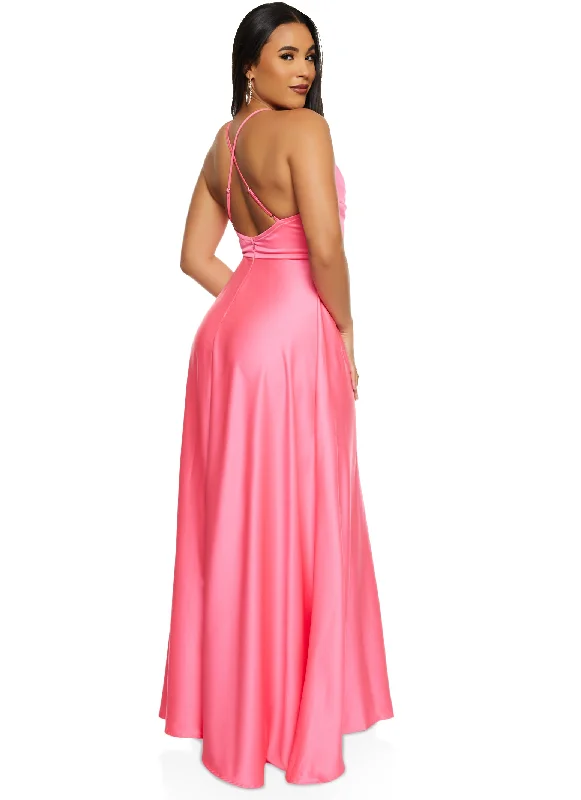 Haute Monde Rhinestone Strap Satin Maxi Dress