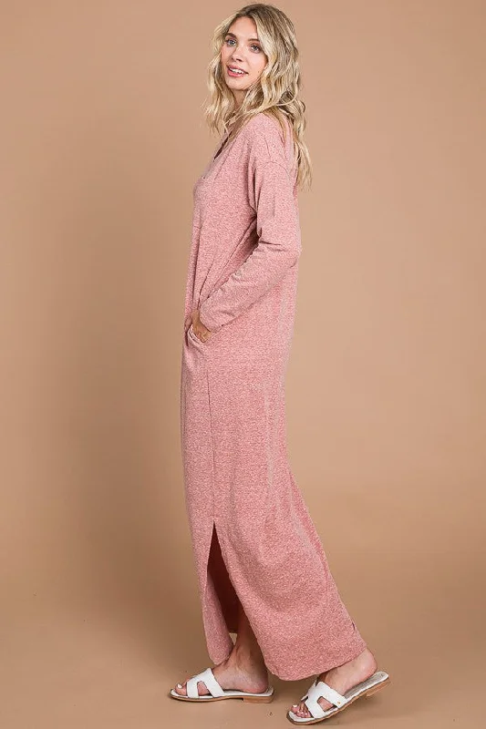 Pink Heathered Pocketed Long Sleeve Maxi Dress