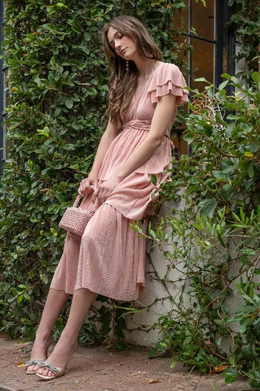 Pink Pleated Tiered Midi Dress