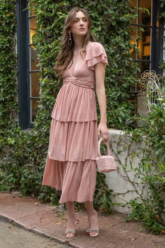 Pink Pleated Tiered Midi Dress