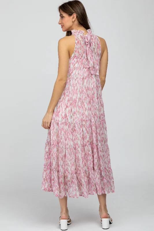 Pink Printed Sleeveless Tiered Midi Dress