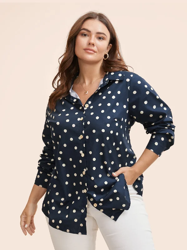 Polka Dot Shirt Collar Arc Hem Blouse