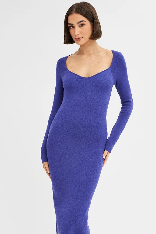 Purple Midi Dress Long Sleeve Sweetheart Neckline Knit