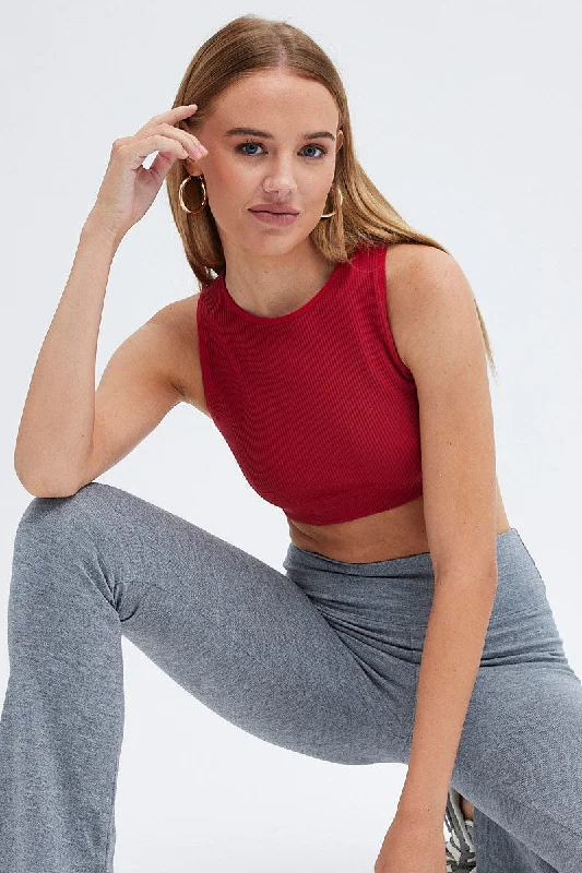 Red Crop Tank Top Crew Neck Seamless