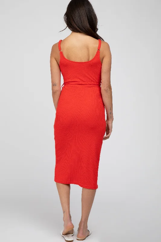 Red Ribbed Sash Tie Midi Dress