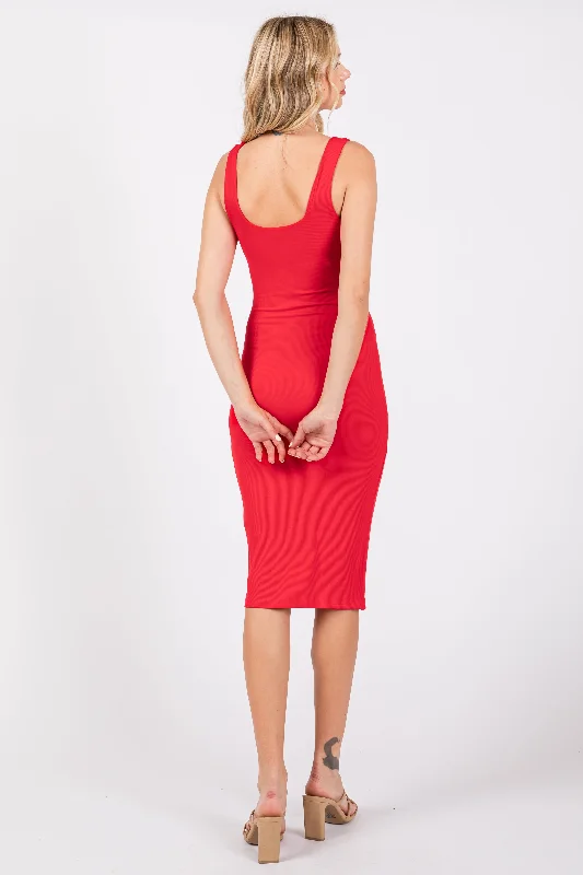 Red Sleeveless Ribbed Square Neck Midi Dress