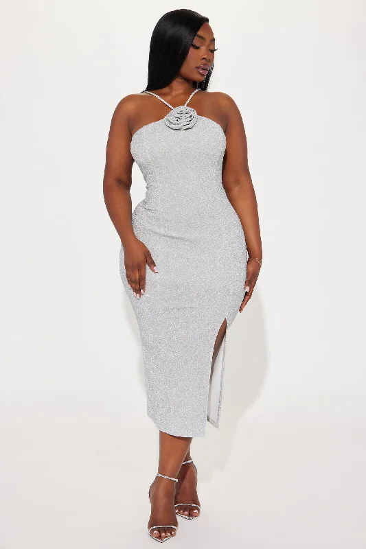 Rose Radiance Midi Dress - Silver