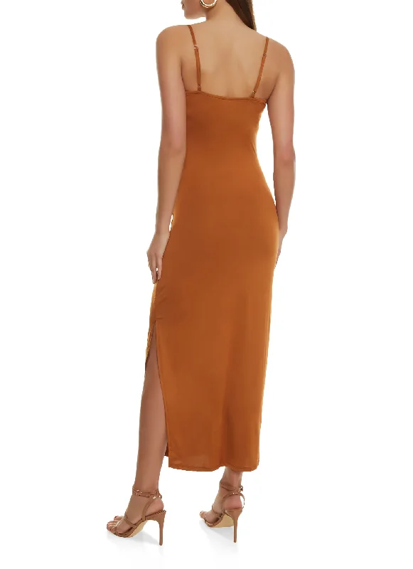 Solid V Neck Side Slit Maxi Dress