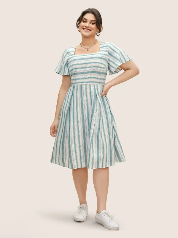 Square Neck Striped Ruffle Sleeve Pleated Dress