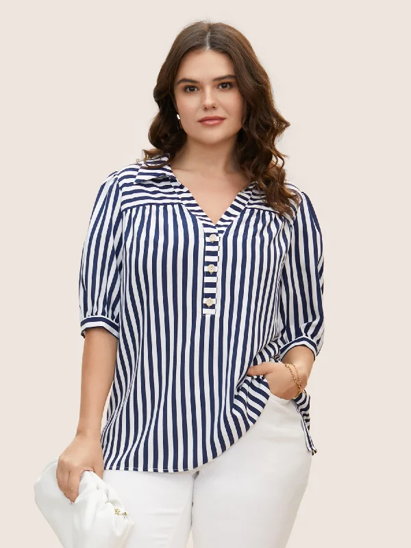 Striped Notched Collar Lantern Sleeve Blouse