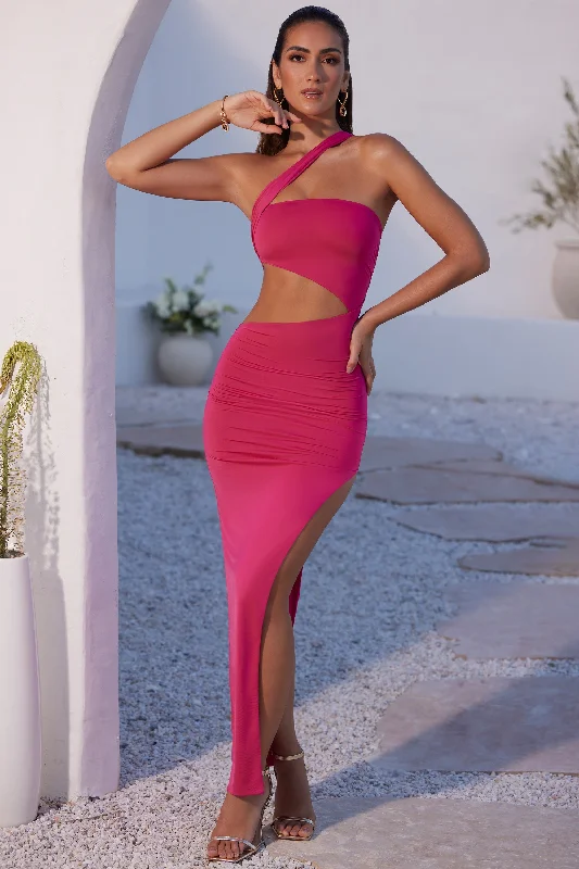 Asymmetric Neckline Ruched Cut Out Maxi Dress in Fuchsia