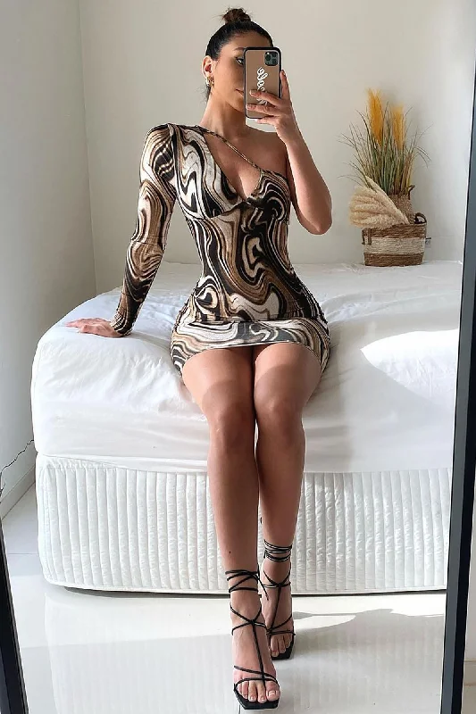 Swirled Around Mini Dress - Brown Combo