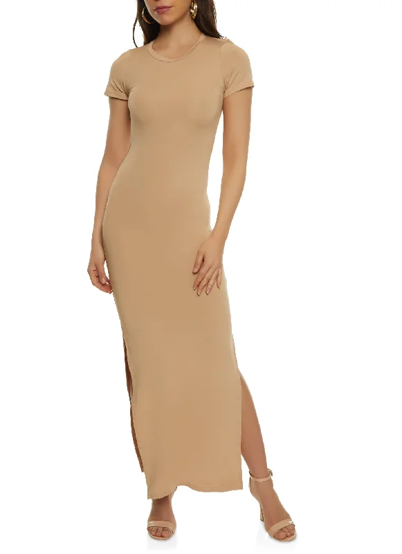 Crew Neck Side Slit Maxi Dress