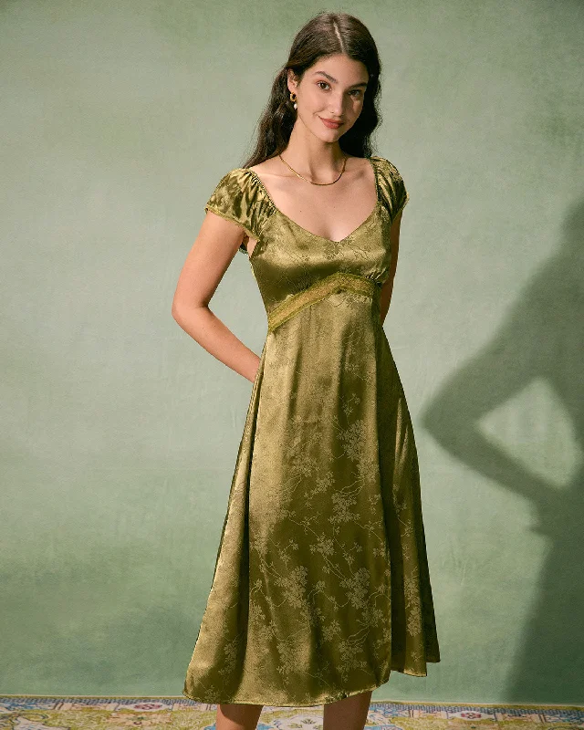 The Green Satin Jacquard Side Split Midi Dress