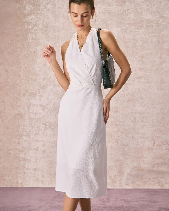 The White Halter Ruched Wrap Satin Midi Dress