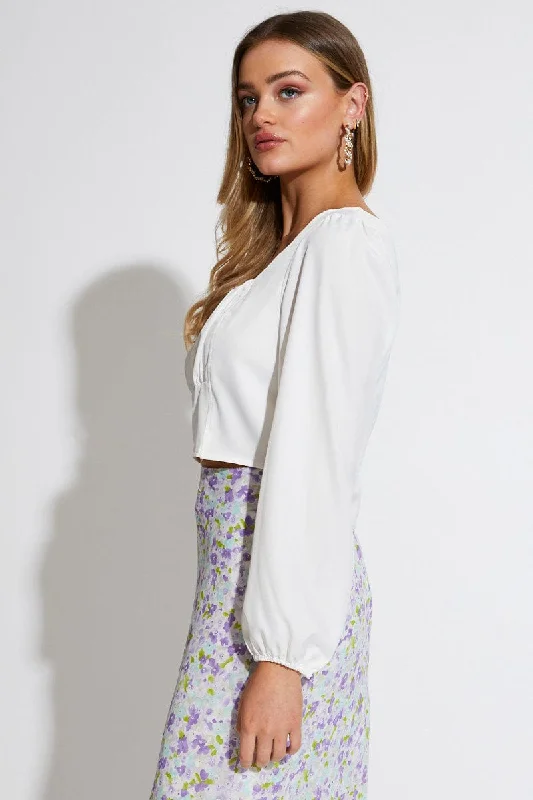 White Blouse Long Sleeve Square Neck