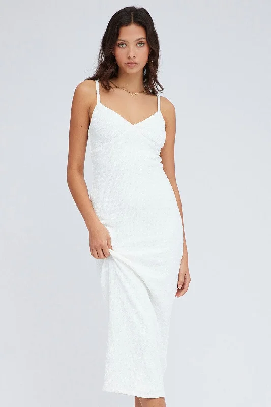 White Midi Dress Sleeveless Textured Fabric