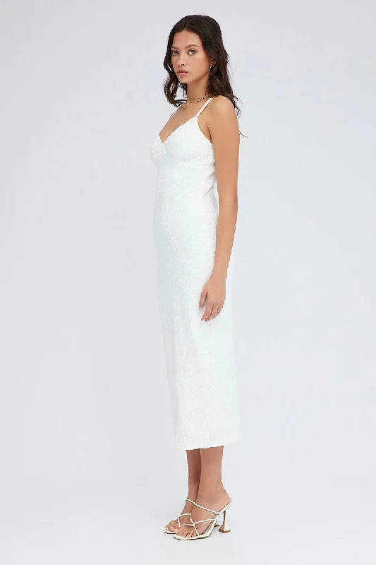 White Midi Dress Sleeveless Textured Fabric