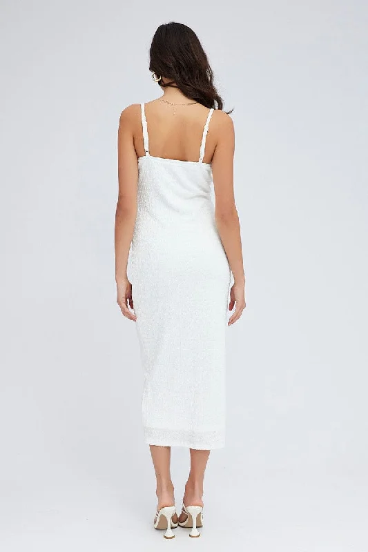 White Midi Dress Sleeveless Textured Fabric