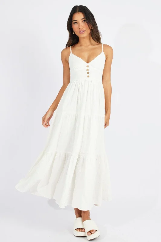 White Midi Dress Sleeveless V-Neck