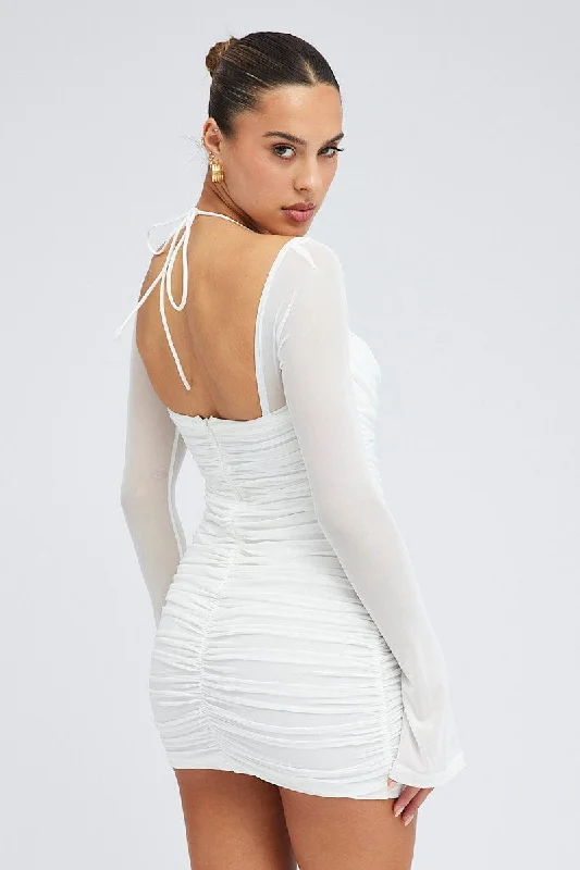 White Mini Dress Long Sleeve Halter Bodycon Ruched Mesh