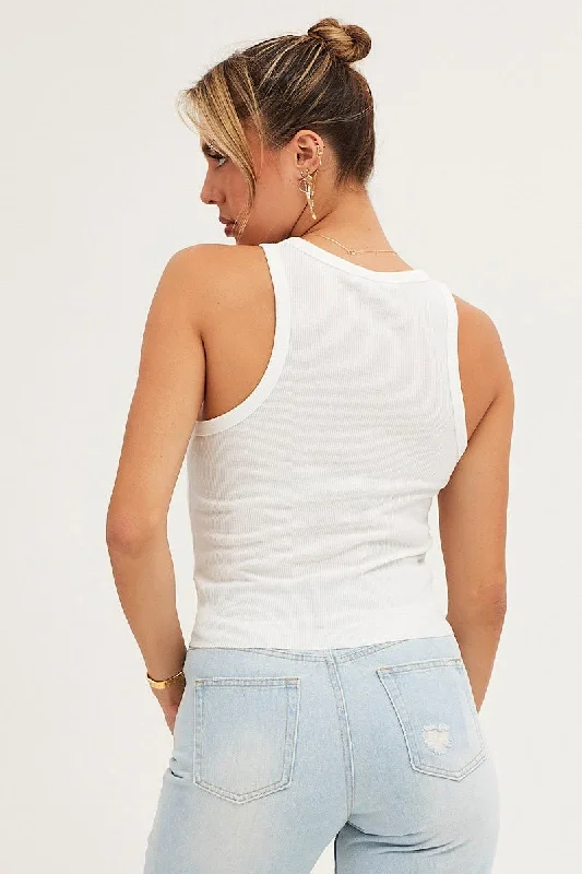 White Rib Knot Front Tank Top