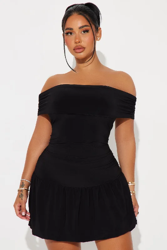 Wild One Off Shoulder Bubble Mini Dress - Black