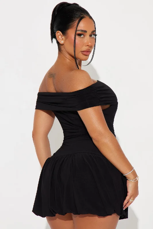 Wild One Off Shoulder Bubble Mini Dress - Black