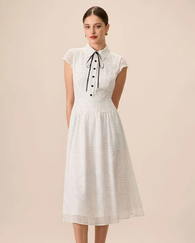 Women's White Collared Polka Dot Midi Dress