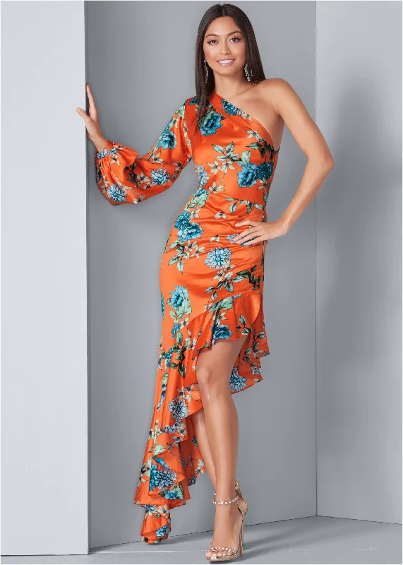 One shoulder ruffle dress - Orange Multi