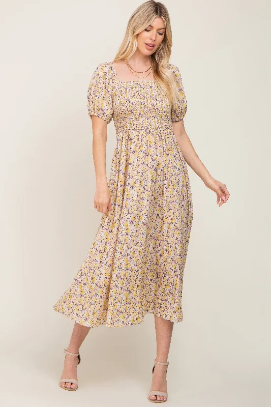 Yellow Abstract Floral Smocked Midi Dress