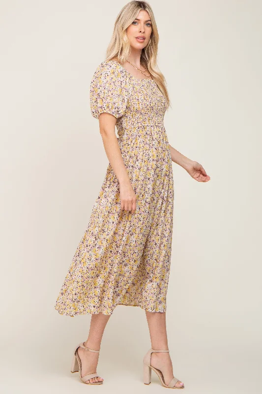 Yellow Abstract Floral Smocked Midi Dress