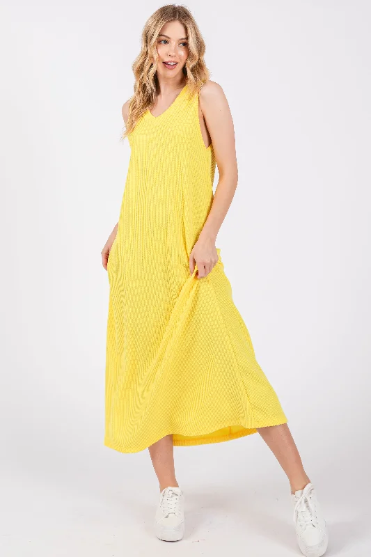 Yellow Sleeveless Ribbed Maxi Dress