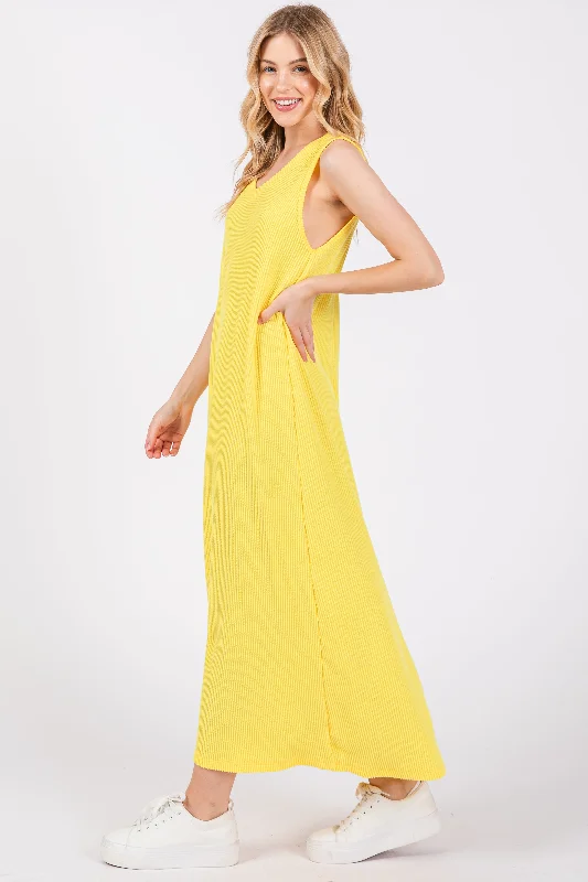 Yellow Sleeveless Ribbed Maxi Dress