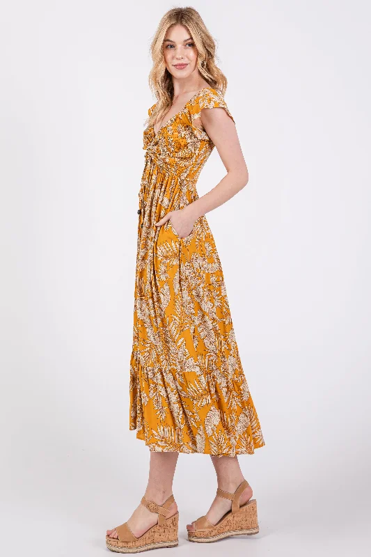 Yellow Tropical Print Smocked Short Sleeve Maxi Dress