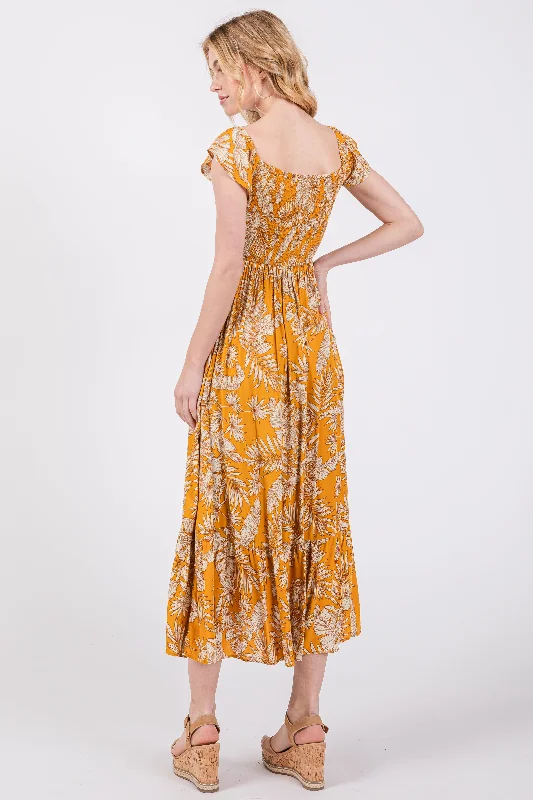 Yellow Tropical Print Smocked Short Sleeve Maxi Dress