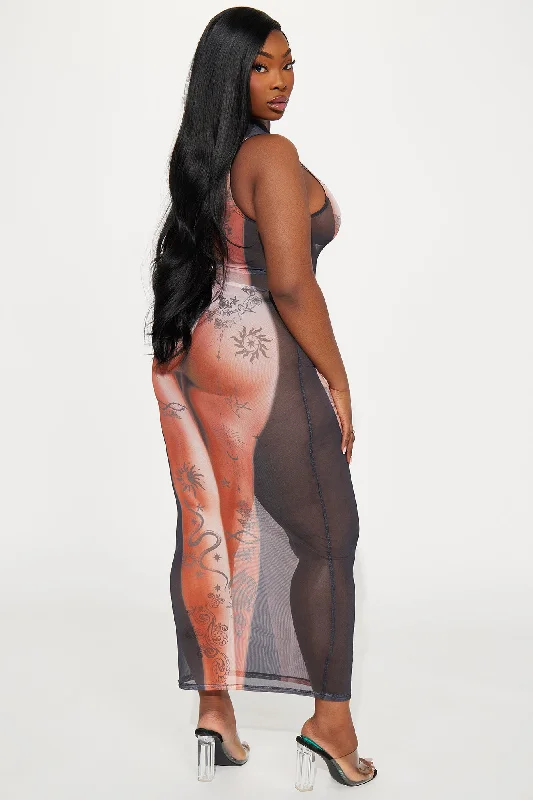 Your Favorite Tattoo Mesh Maxi Dress - Brown/combo