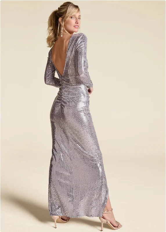 Sequin high-slit long dress - Champagne