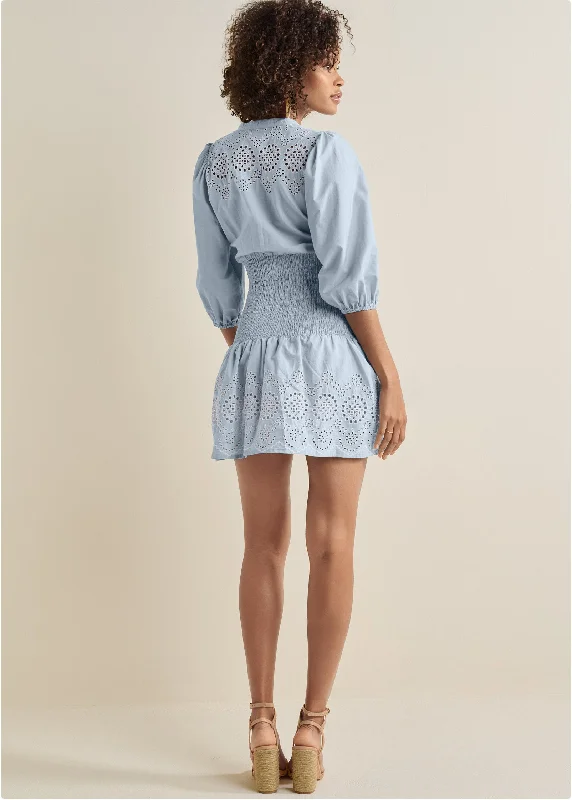 Smocked waist eyelet dress - Light Blue & White