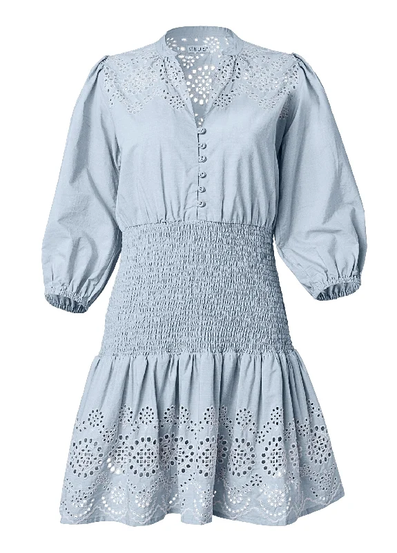 Smocked waist eyelet dress - Light Blue & White