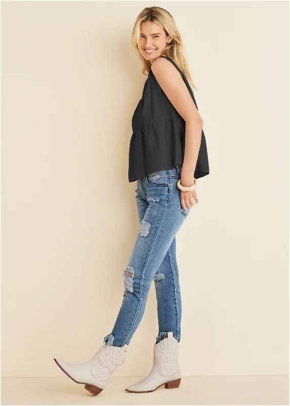 Linen tiered tank top - Black