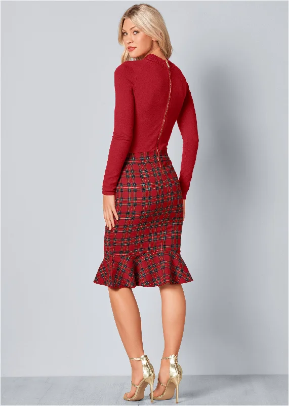 Plaid detail sweater dress - Red Multi