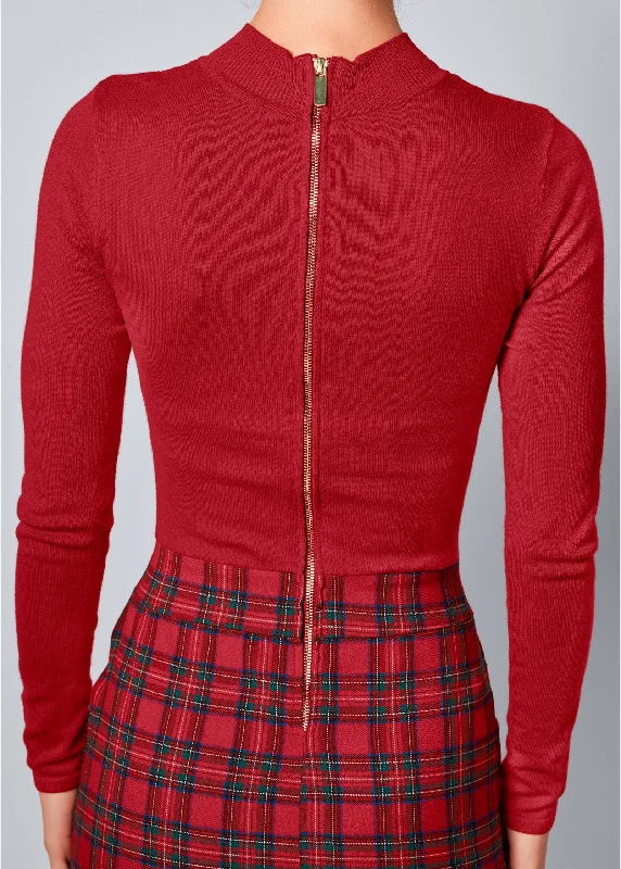 Plaid detail sweater dress - Red Multi