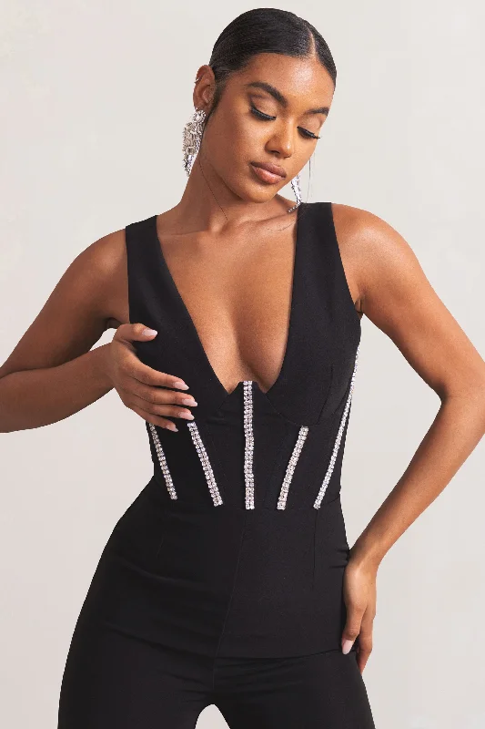 Alison | Black Plunge Corset Jumpsuit With Diamante Trim Detail