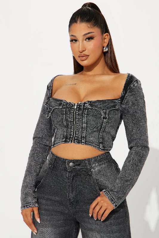 Angelina Washed Denim Top - Black Wash