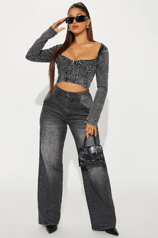 Angelina Washed Denim Top - Black Wash