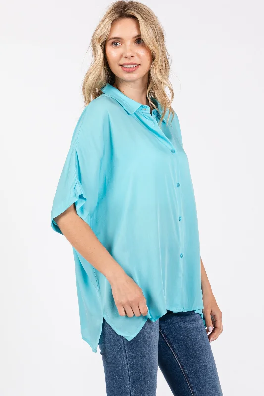 Aqua Dolman Sleeve Button Down Blouse