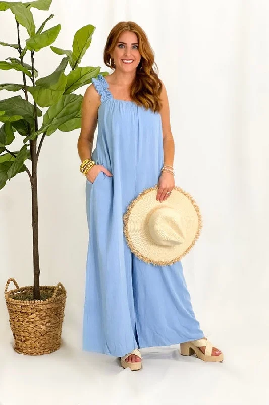 Blue Linen Ruffle Strap Wide Leg Jumpsuit