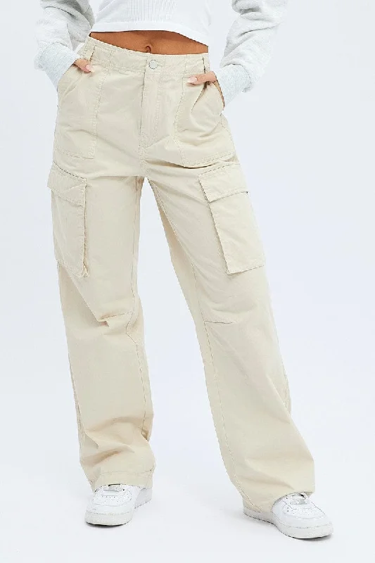 Beige Cargo Pants Low Rise